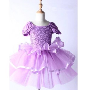 Violet purple sequins short sleeves round neck girls kids children modern performance ballet leotard tutu outfits dresses